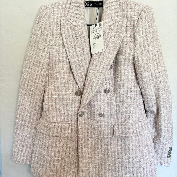 Zara Textured Tweed Double Breasted Blazer Light Pink Silver Tweed. M. NWT - Picture 10 of 10